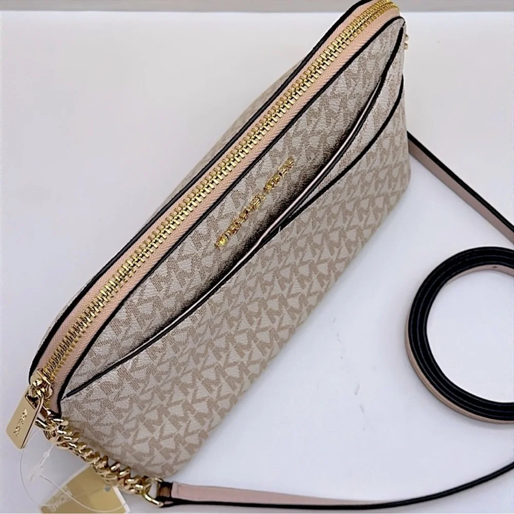 Michael Kors Jet Set Travel Md Metallic Signature Logo Dome Crossbody Satchel NW